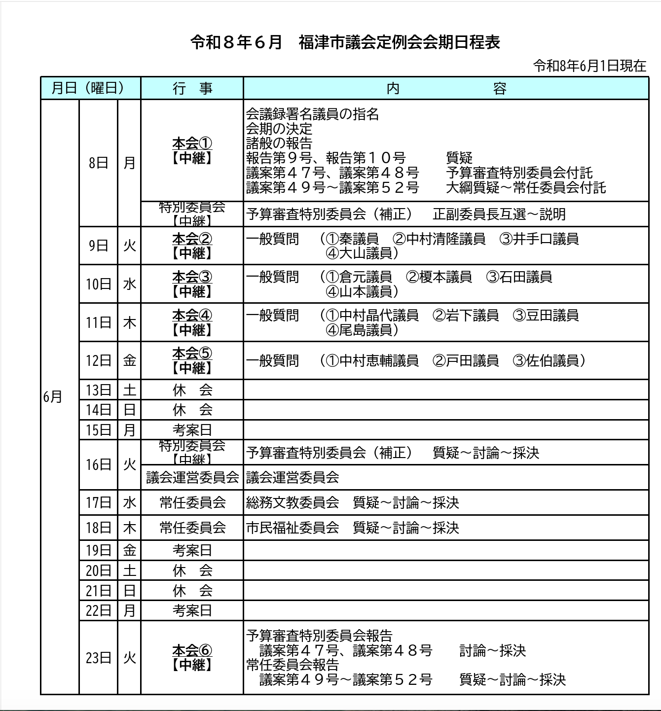 福津市議会６月定例会が始まります。