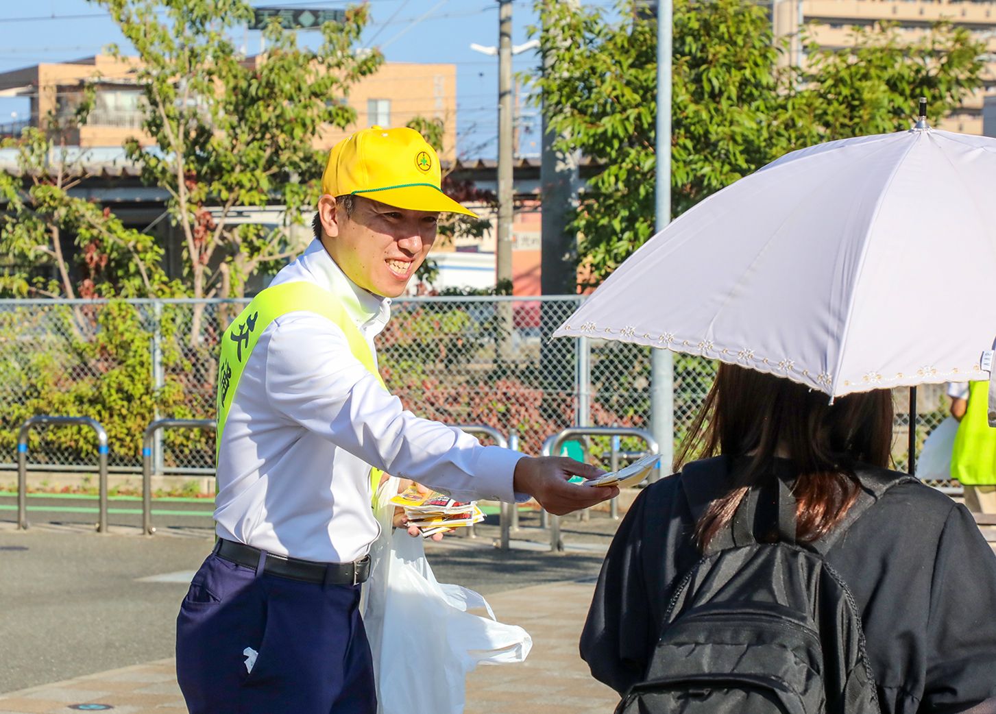 福津市の福間駅の朝、飲酒運転撲滅を呼びかけました